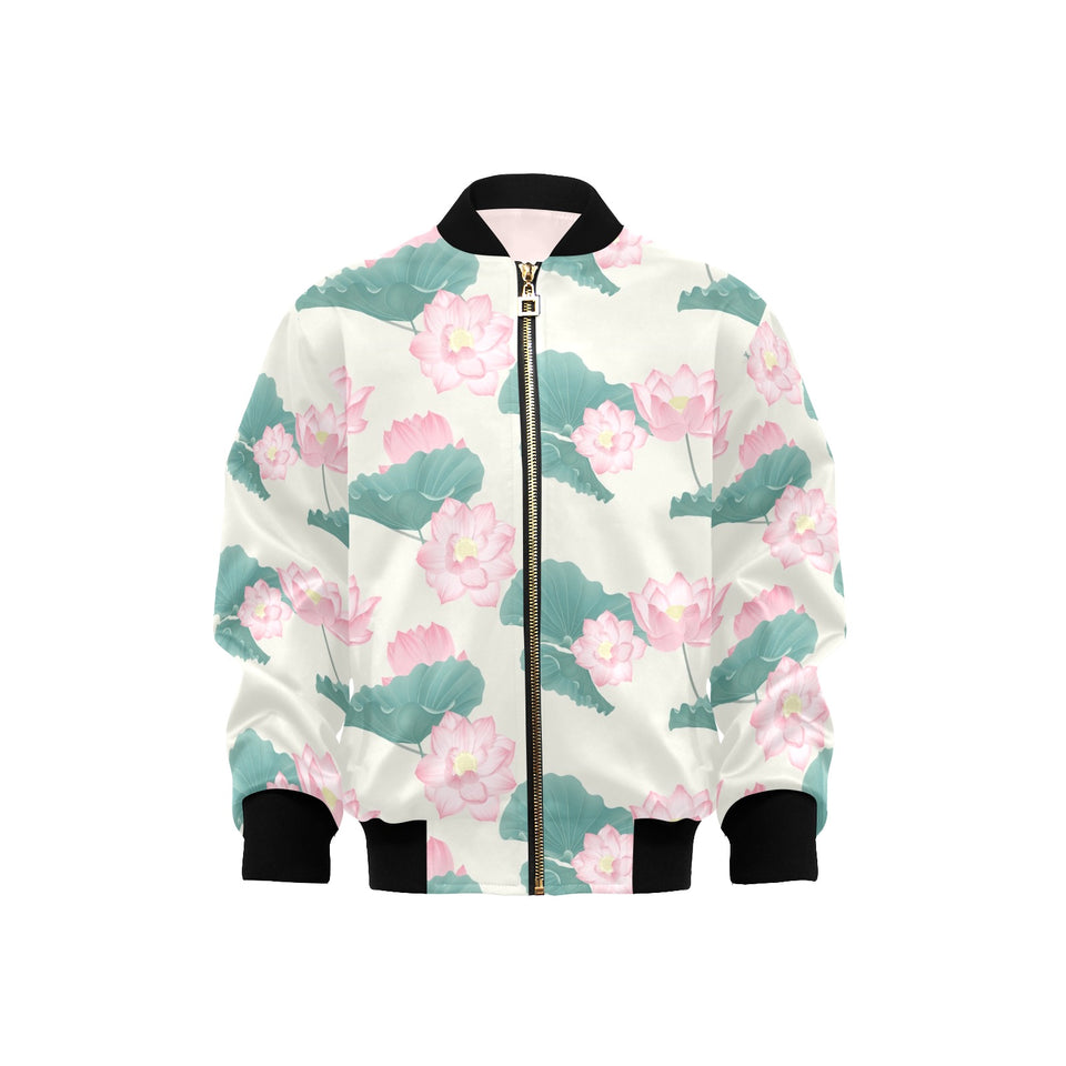 Pink lotus waterlily leaves pattern Kids' Boys' Girls' Bomber Jacket