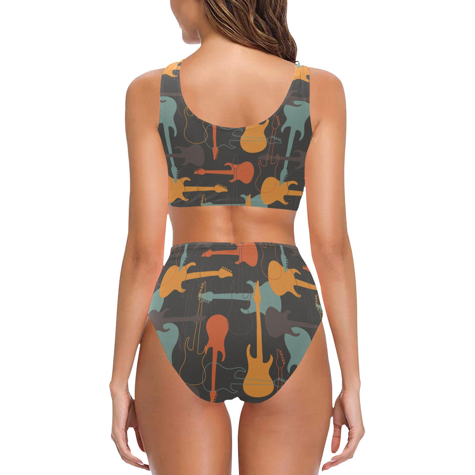 electric guitars pattern Chest Bowknot High Waisted Bikini Swimsuit