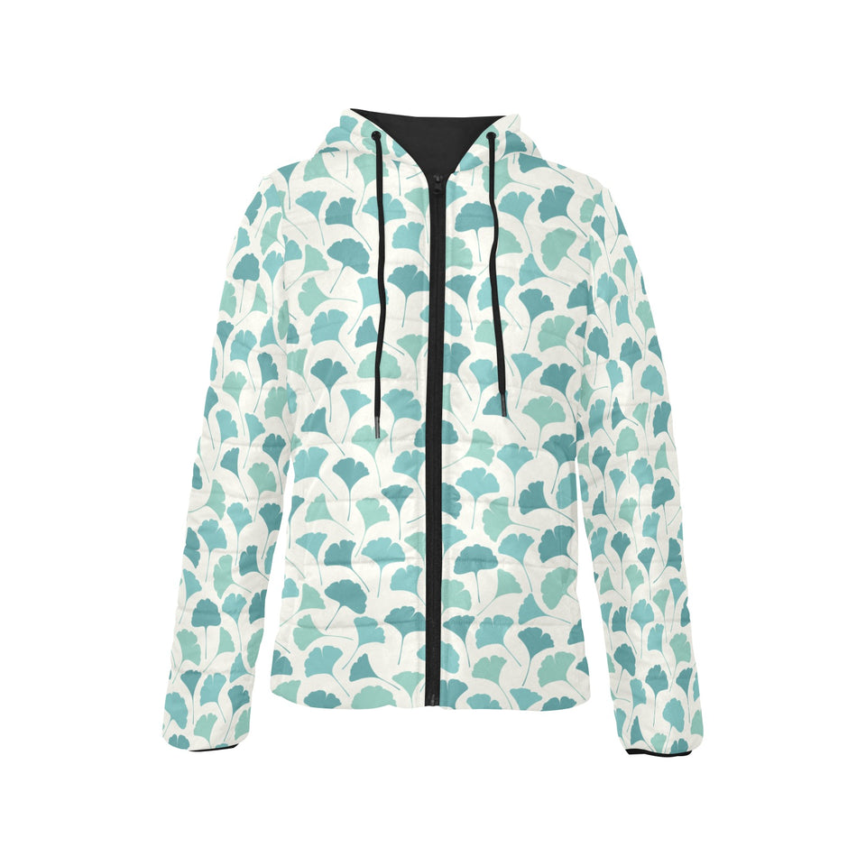 Green ginkgo leaves pattern Women's Padded Hooded Jacket