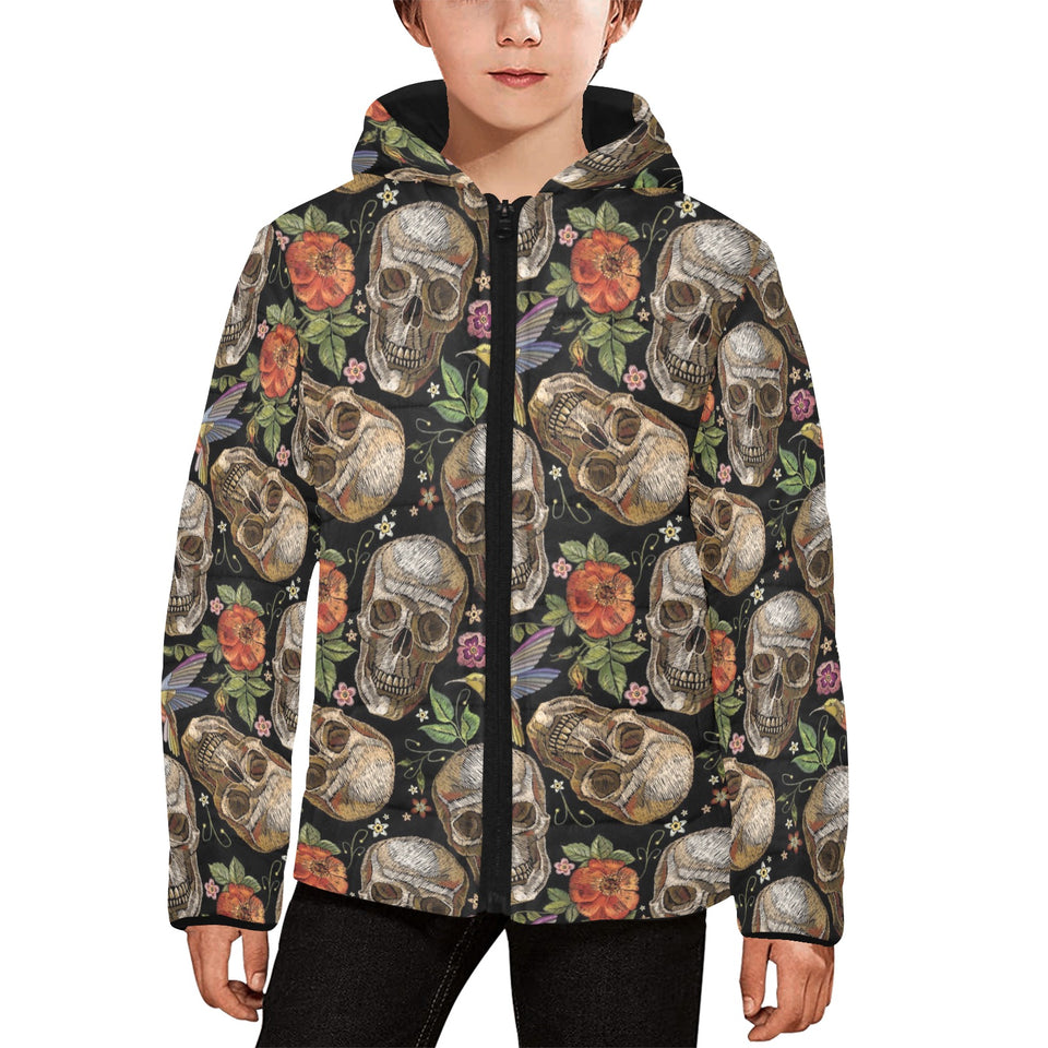 Skull rose humming bird flower pattern Kids' Boys' Girls' Padded Hooded Jacket