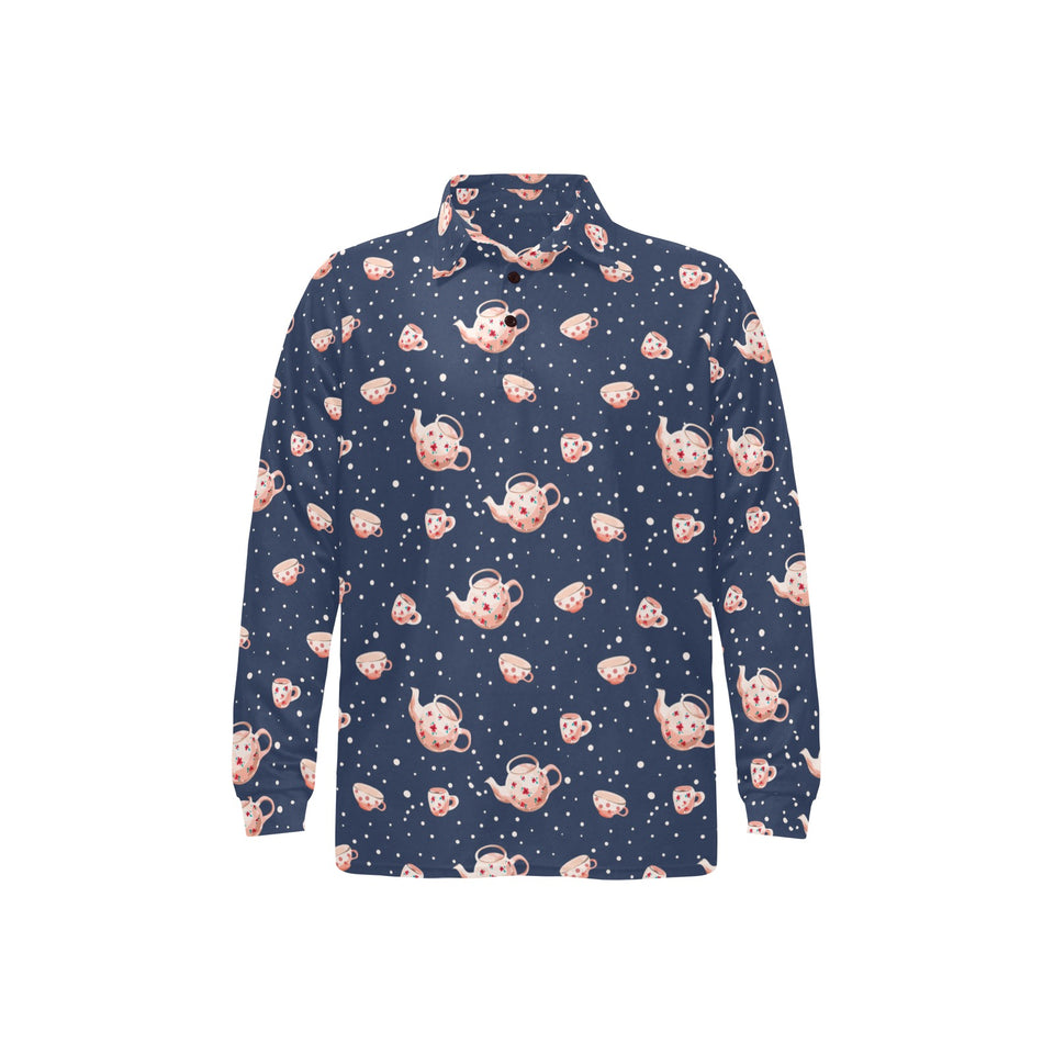 Tea pots Pattern Print Design 04 Men's Long Sleeve Polo Shirt