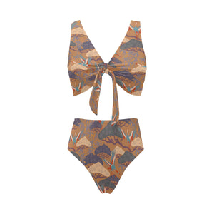 Bonsai bamboo stork japanese pattern brown theme Chest Bowknot High Waisted Bikini Swimsuit