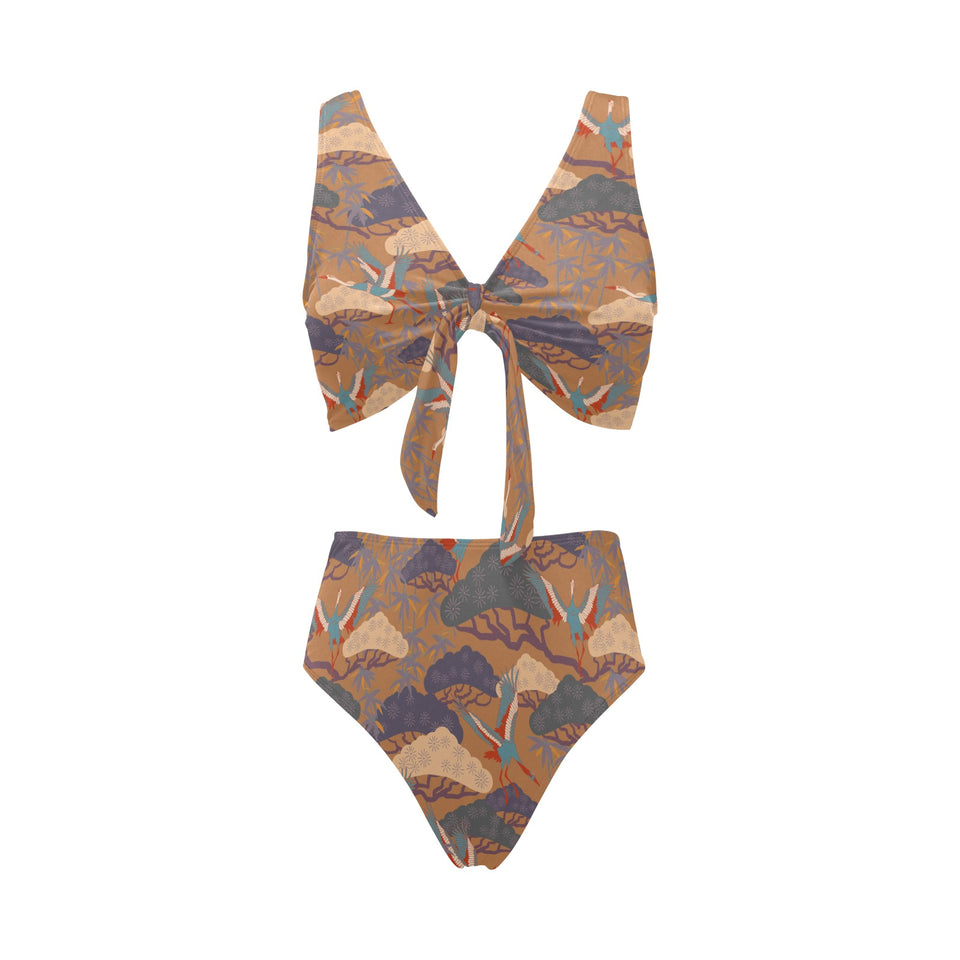 Bonsai bamboo stork japanese pattern brown theme Chest Bowknot High Waisted Bikini Swimsuit