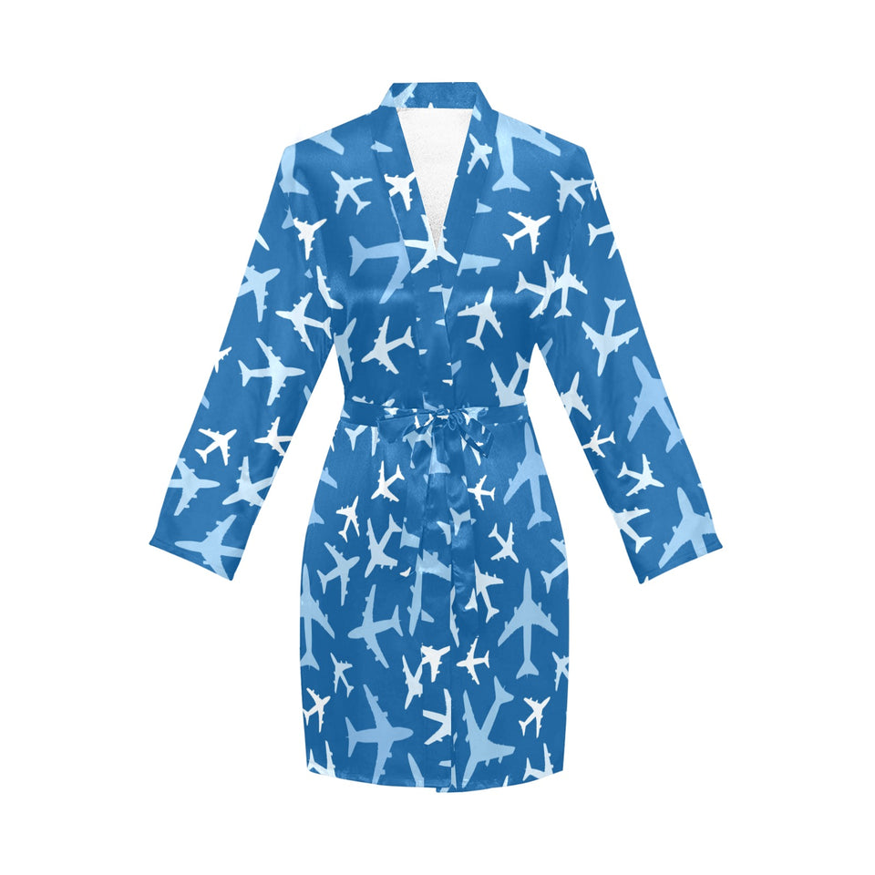 Airplane pattern in the sky Women's Long Sleeve Belted Night Robe
