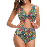 Gear Pattern Print Design 03 Chest Bowknot High Waisted Bikini Swimsuit