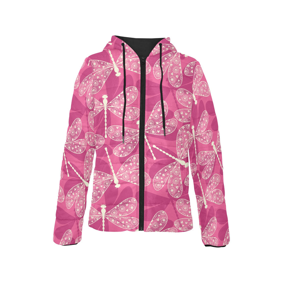Beautiful dragonfly pink background Women's Padded Hooded Jacket