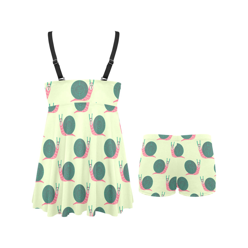 Snail Pattern Print Design 04 Chest Sexy Pleated Two Piece Swim Dress