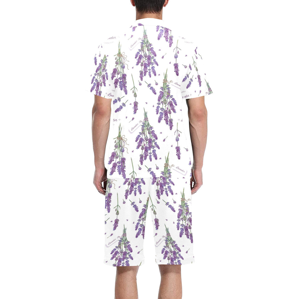 lavender flower design pattern Men's V-Neck Short Pajama Set