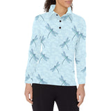 Dragonfly pattern blue background Women's Long Sleeve Polo Shirt