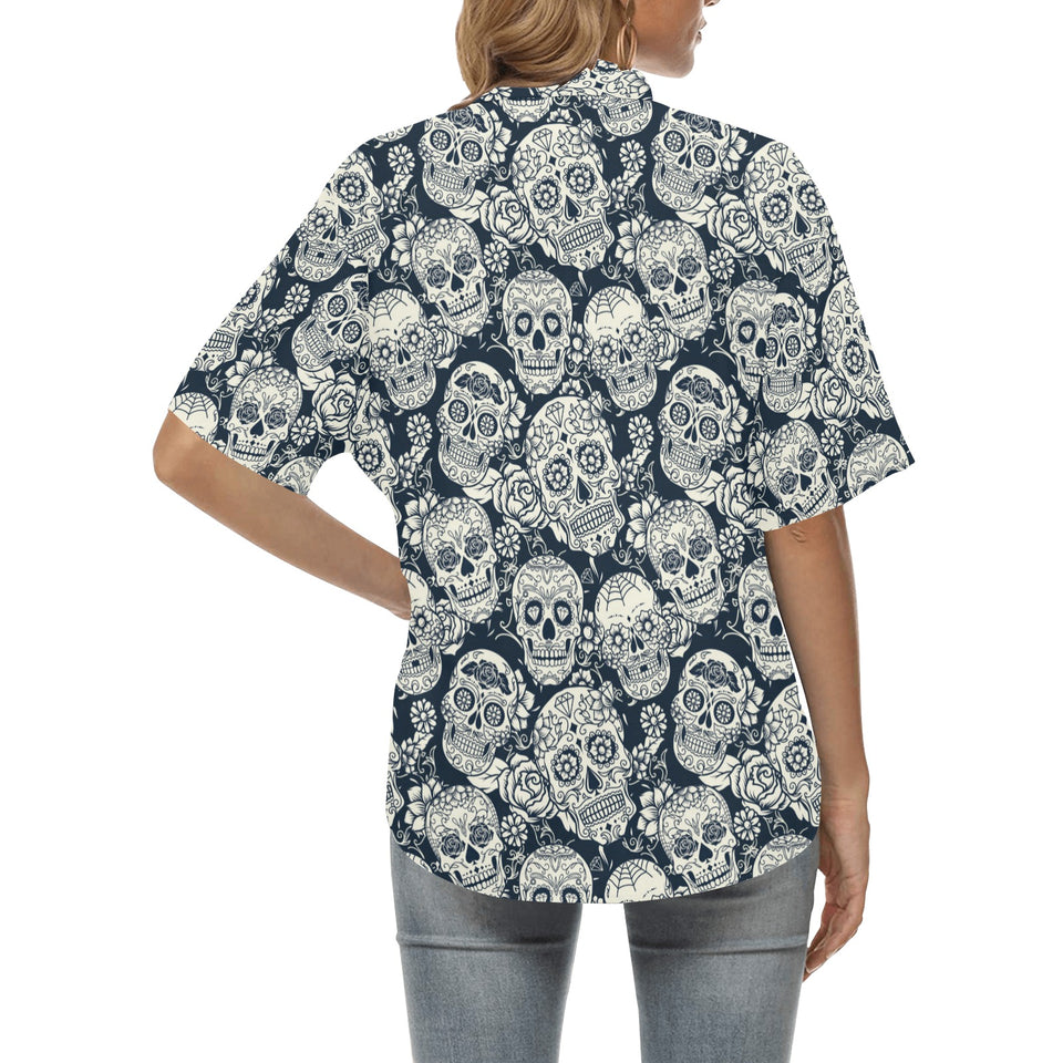 Sugar skull black white pattern Women's All Over Print Hawaiian Shirt