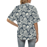 Sugar skull black white pattern Women's All Over Print Hawaiian Shirt