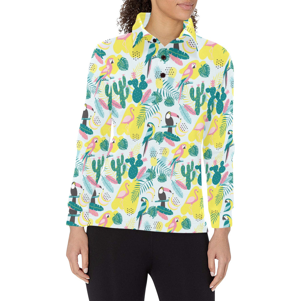 Cute parrot toucan flamingo cactus exotic leaves p Women's Long Sleeve Polo Shirt
