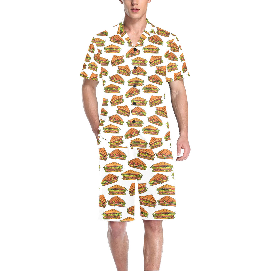 Sandwich Pattern Print Design 02 Men's V-Neck Short Pajama Set