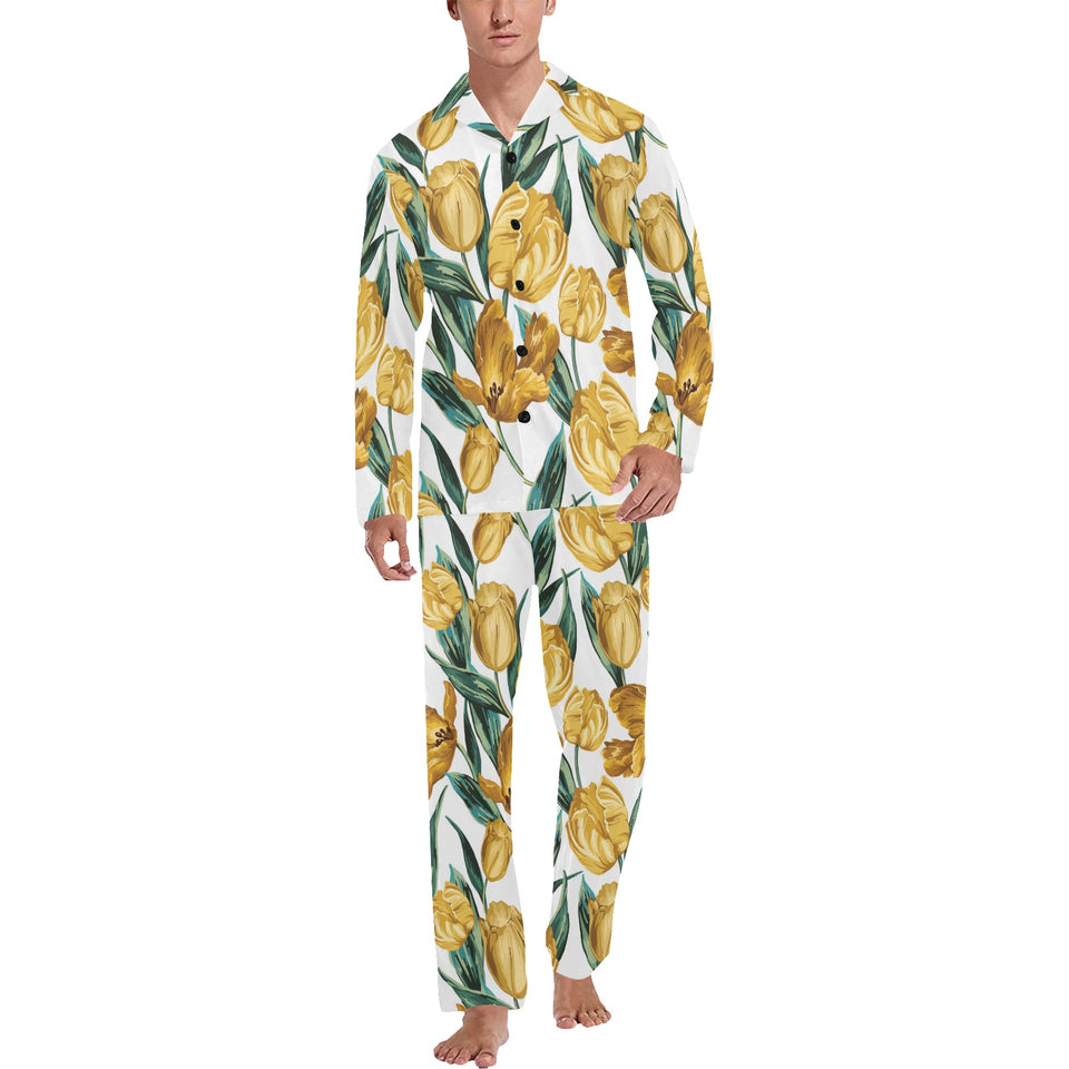 yellow tulips pattern Men's Long Pajama Set