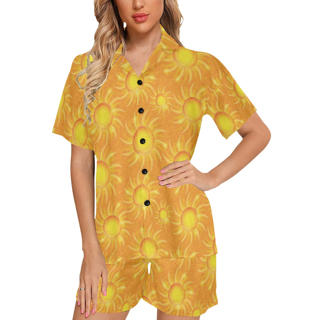 Sun orange background Women's V-Neck Short Pajama Set