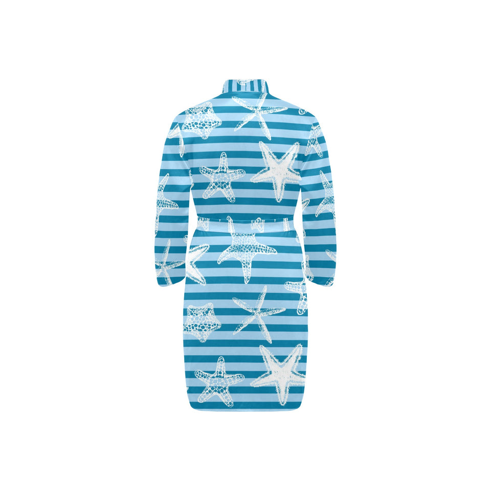 Starfish blue blackground Men's Long Sleeve Belted Night Robe