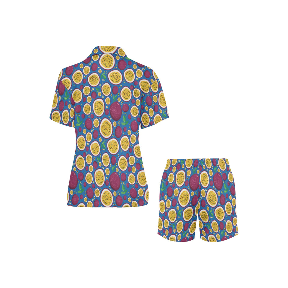 Passion fruit blue background Women's V-Neck Short Pajama Set
