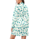 Green ginkgo leaves pattern Women's Long Sleeve Belted Night Robe
