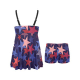 Red blue star pattern Chest Sexy Pleated Two Piece Swim Dress
