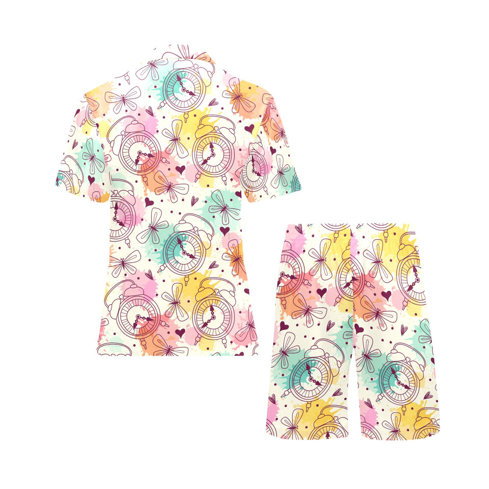 Clock butterfly pattern Men's V-Neck Short Pajama Set