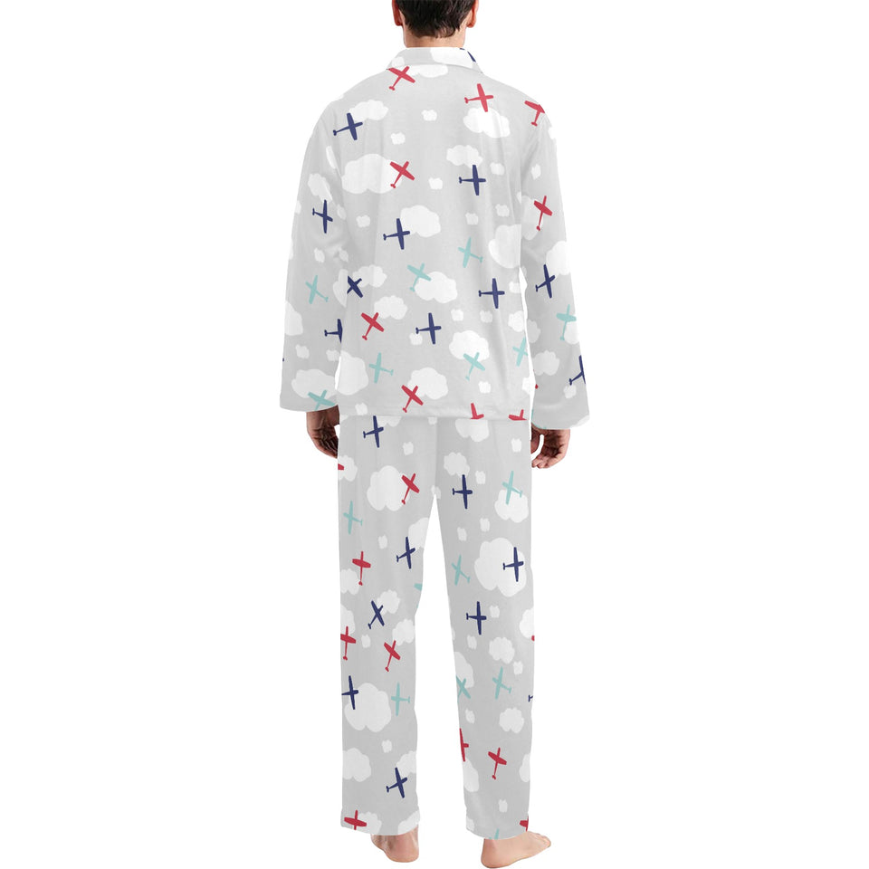 Airplane cloud grey background Men's Long Pajama Set
