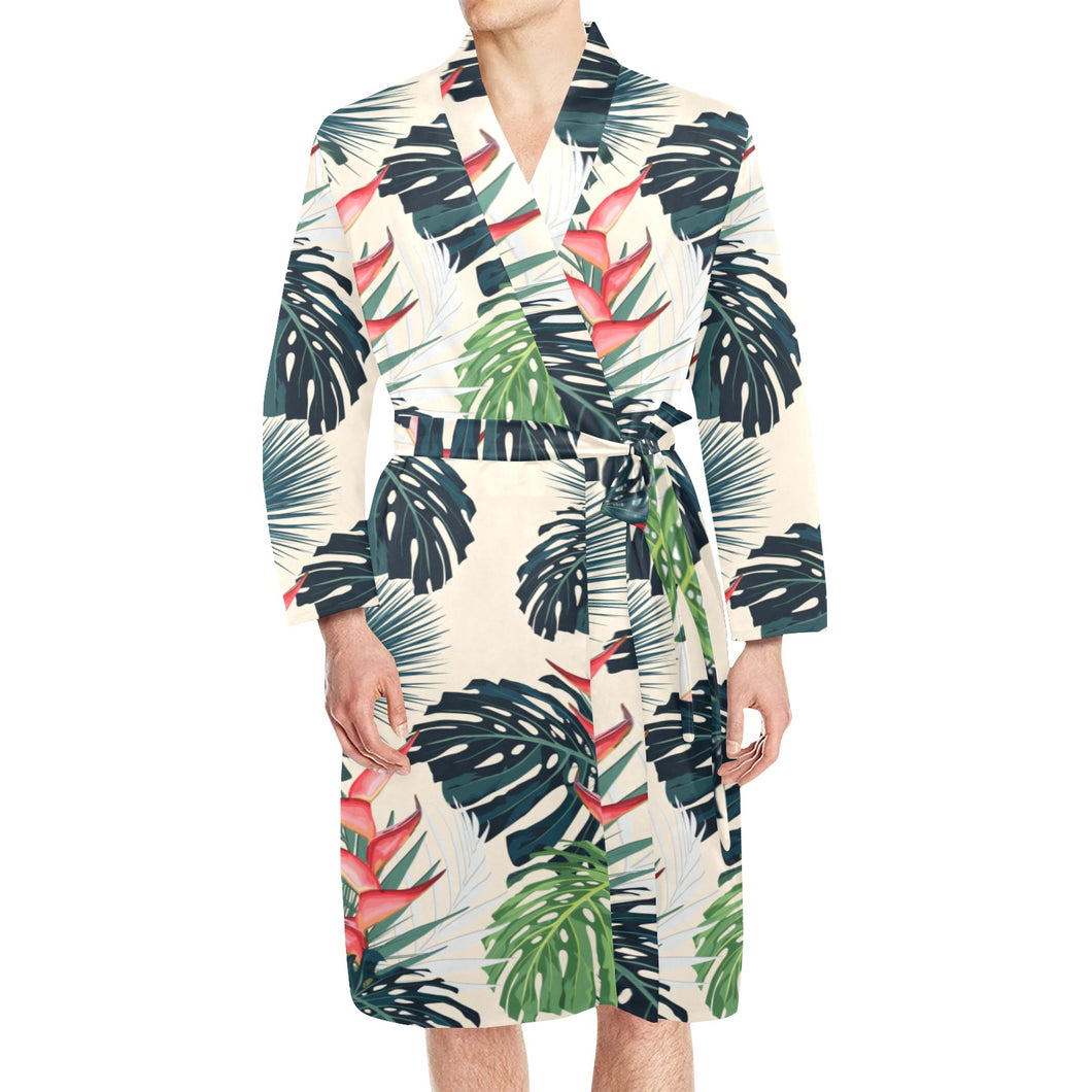 heliconia flowers, palm and monstera leaves Men's Long Sleeve Belted Night Robe