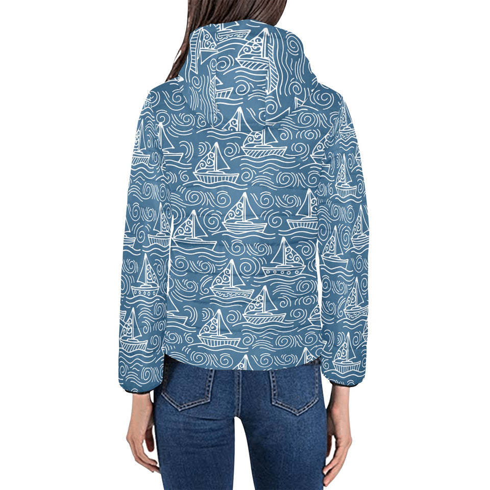 Hand drawn sailboat pattern Women's Padded Hooded Jacket