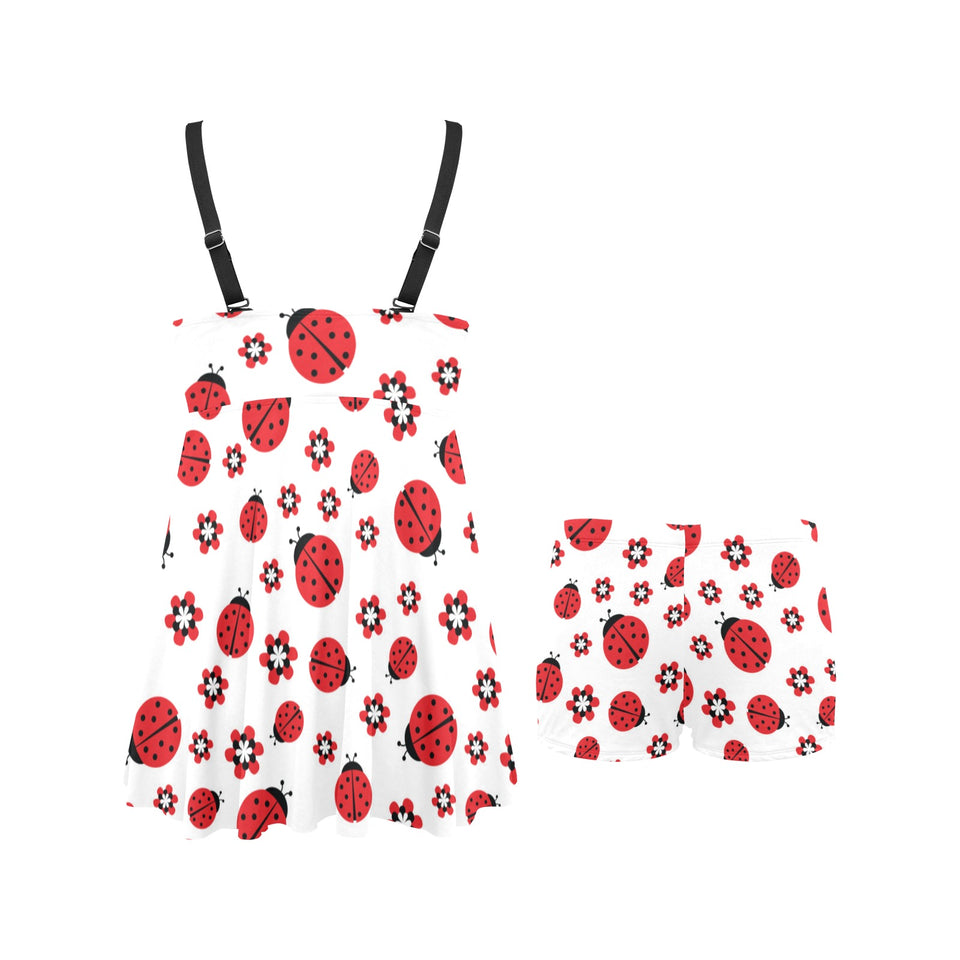Ladybug Pattern Print Design 04 Chest Sexy Pleated Two Piece Swim Dress