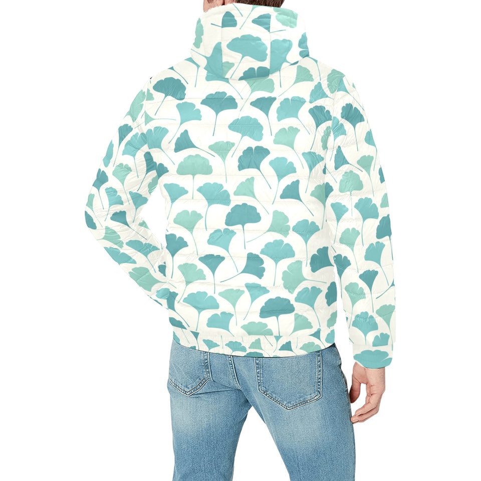 Green ginkgo leaves pattern Men's Padded Hooded Jacket