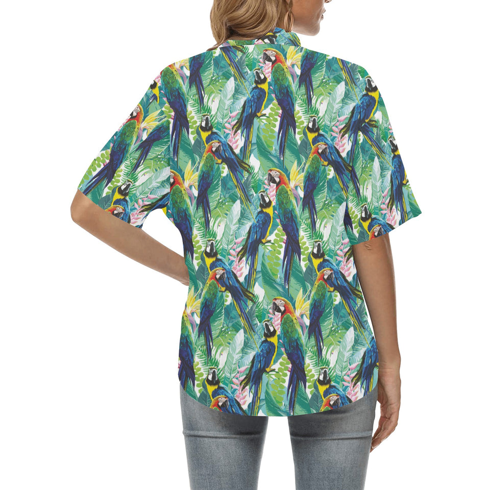 Colorful parrot exotic flower leaves Women's All Over Print Hawaiian Shirt
