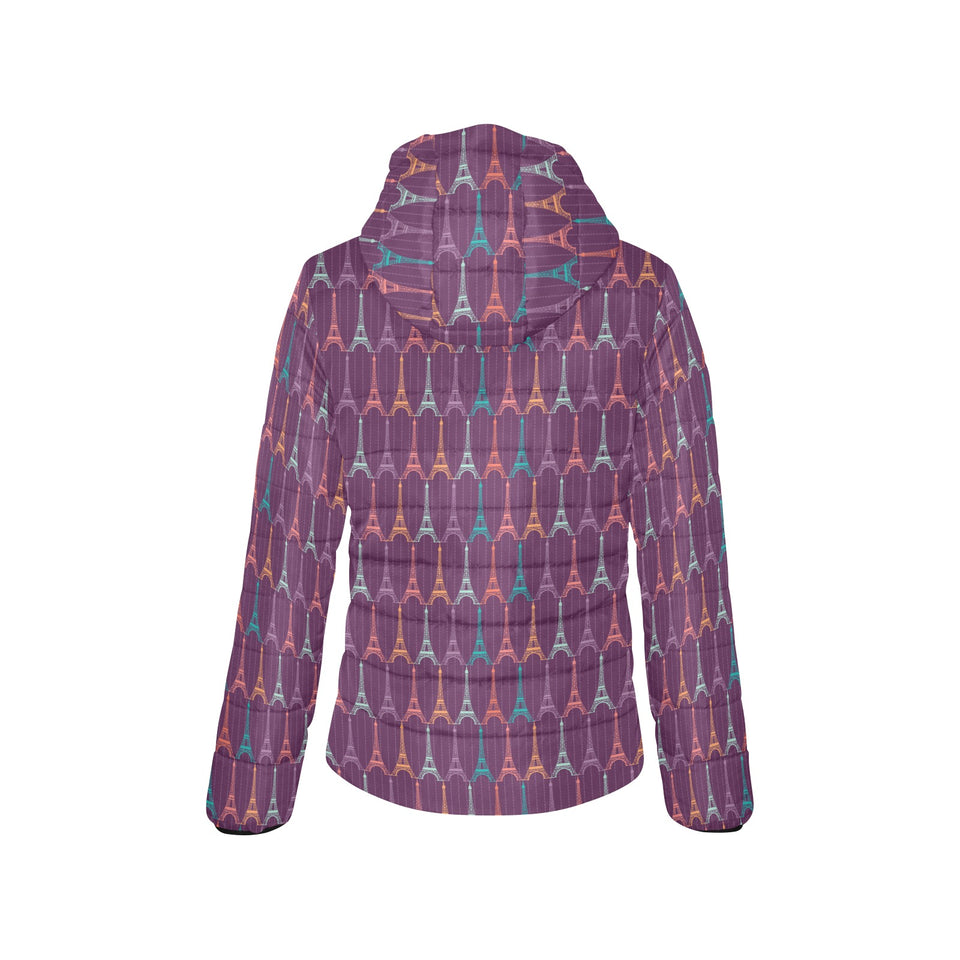 Eiffel Tower Pattern Print Design 05 Women's Padded Hooded Jacket