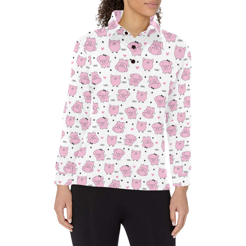 Pig Pattern Print Design 03 Women's Long Sleeve Polo Shirt