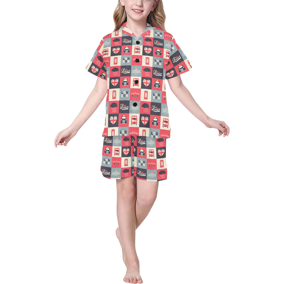 British Pattern Print Design 05 Kids' Boys' Girls' V-Neck Short Pajama Set