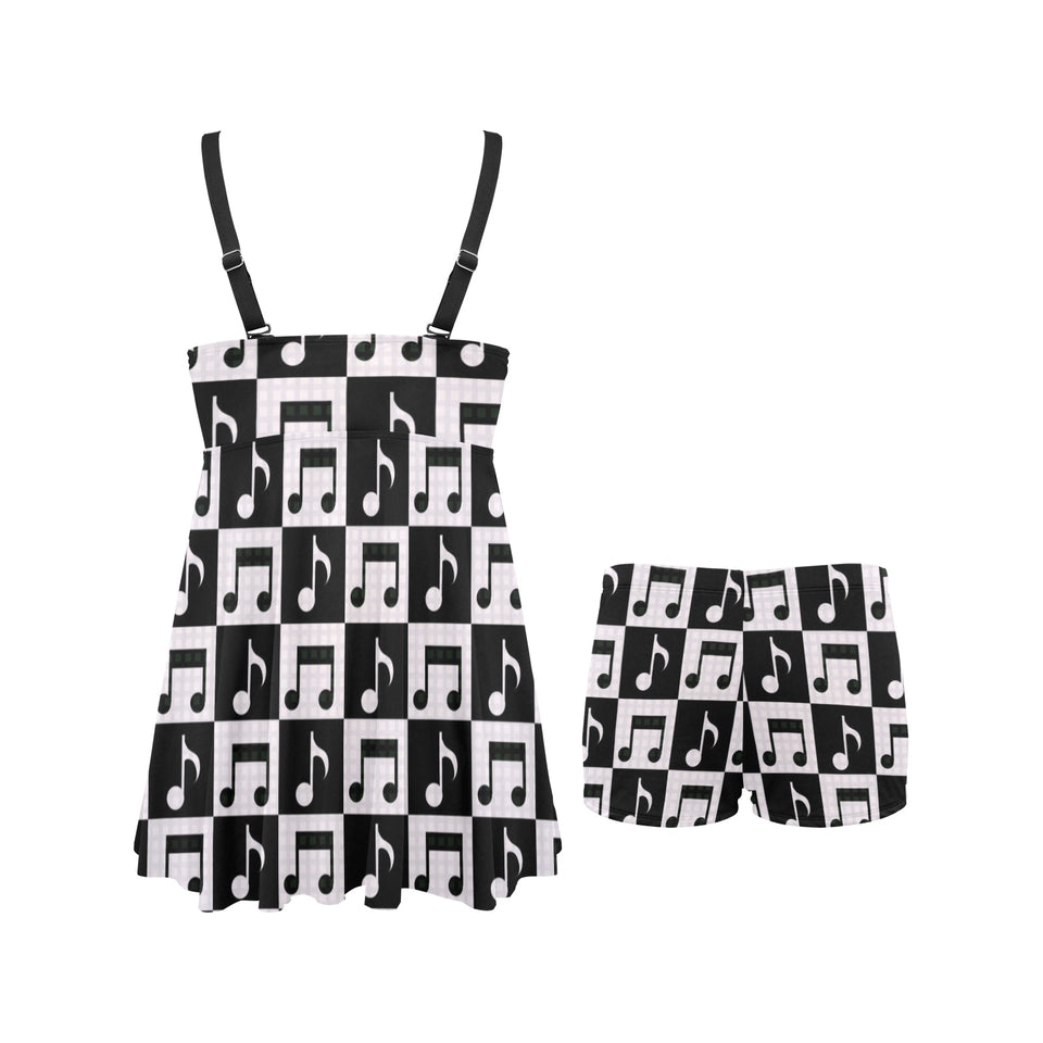 Music Notes Pattern Print Design 01 Chest Sexy Pleated Two Piece Swim Dress