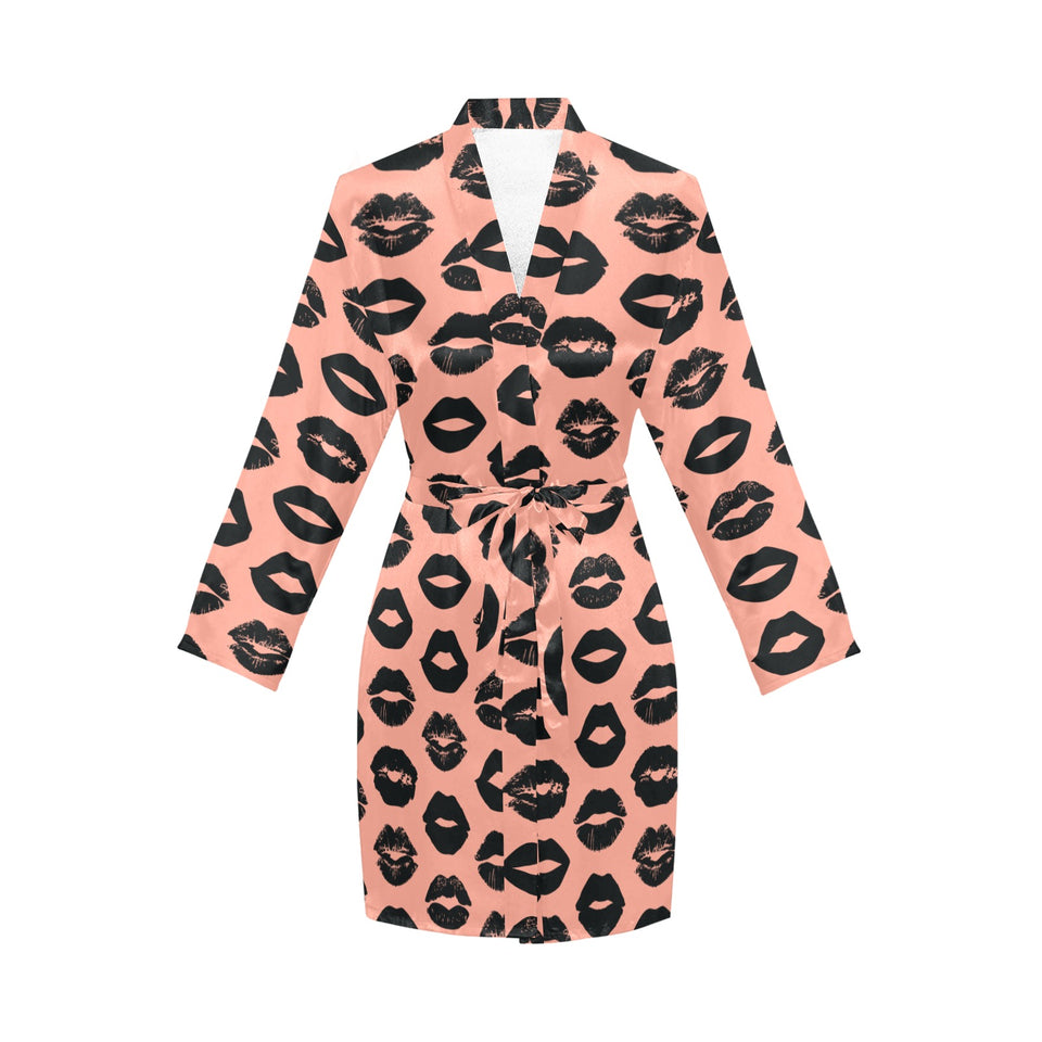 Lips Pattern Print Design 02 Women's Long Sleeve Belted Night Robe