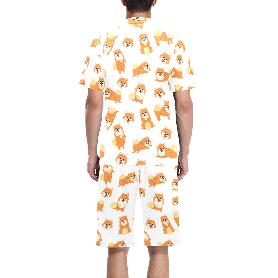 Brown pomeranian pattern Men's V-Neck Short Pajama Set