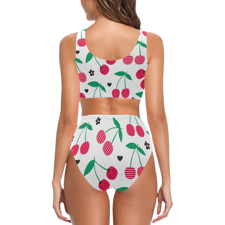 cherry pattern white background Chest Bowknot High Waisted Bikini Swimsuit