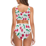 cherry pattern white background Chest Bowknot High Waisted Bikini Swimsuit