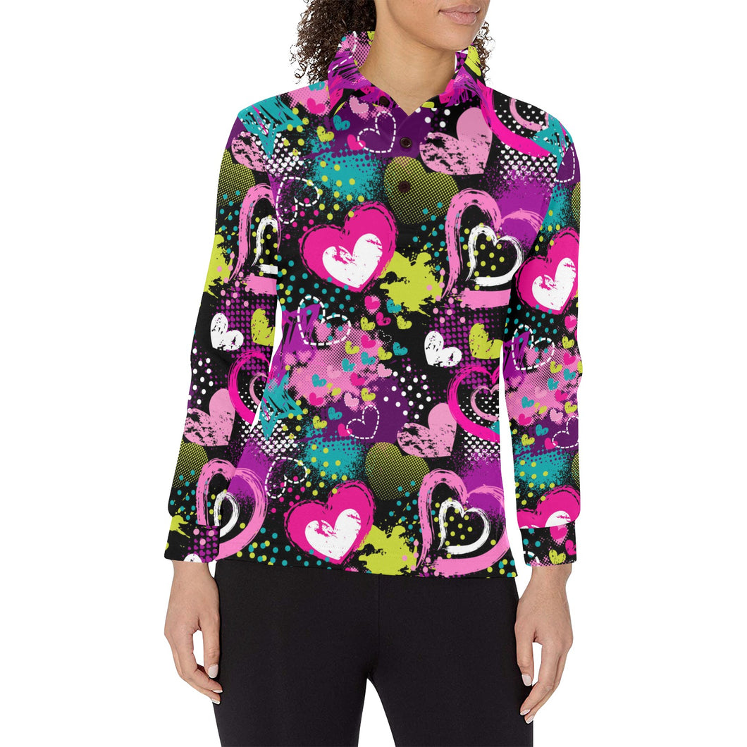 heart dot wave star creative design pattern Women's Long Sleeve Polo Shirt