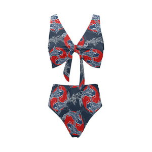Koi Fish Carp Fishs hand drawn japanese art Chest Bowknot High Waisted Bikini Swimsuit