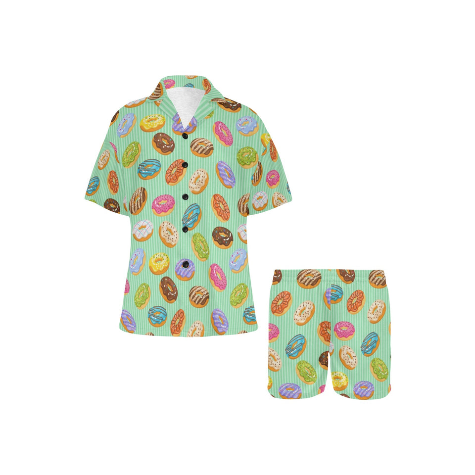 Colorful donut pattern green background Women's V-Neck Short Pajama Set
