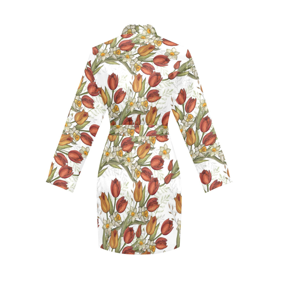 Red tulips and daffodils pattern Women's Long Sleeve Belted Night Robe