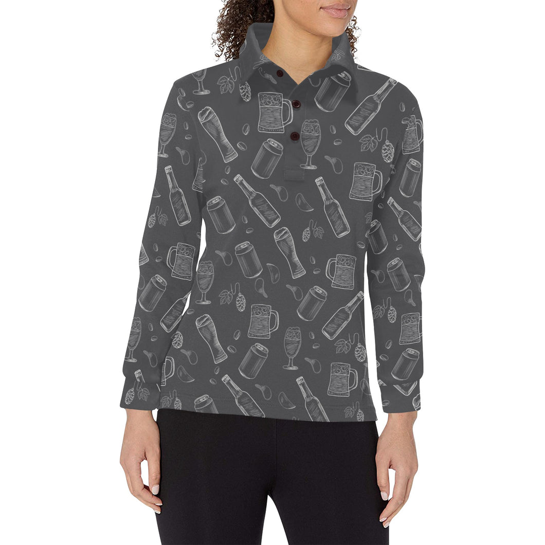 Beer hand drawn pattern Women's Long Sleeve Polo Shirt