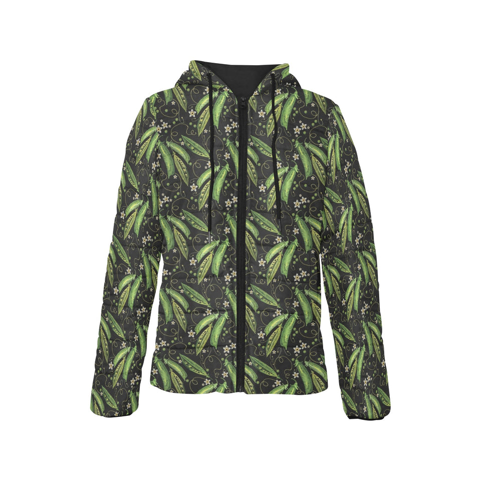 Green Peas Pattern Print Design 02 Women's Padded Hooded Jacket