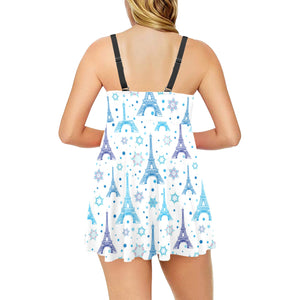 Blue Eiffel Tower Theme Pattern Print Design 01 Chest Sexy Pleated Two Piece Swim Dress