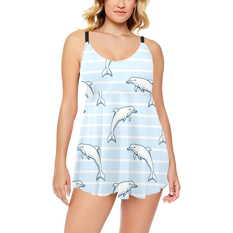 Dolphin blue striped background Chest Sexy Pleated Two Piece Swim Dress