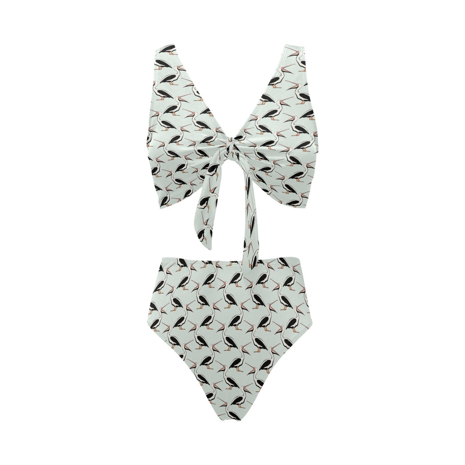 Pelican Pattern Print Design 02 Chest Bowknot High Waisted Bikini Swimsuit