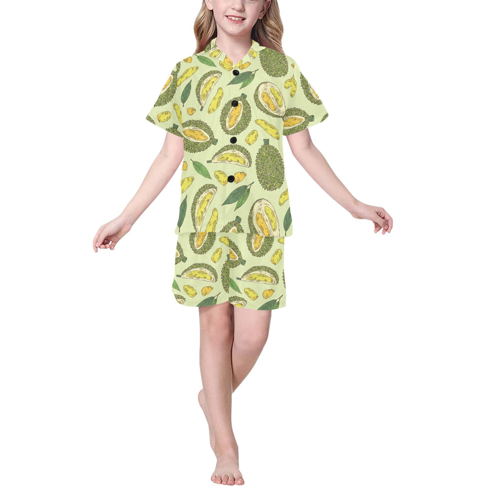 Durian leaves pattern background Kids' Boys' Girls' V-Neck Short Pajama Set