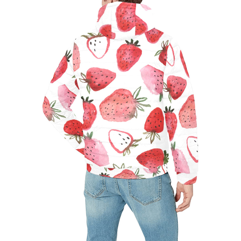 watercolor hand drawn beautiful strawberry pattern Men's Padded Hooded Jacket