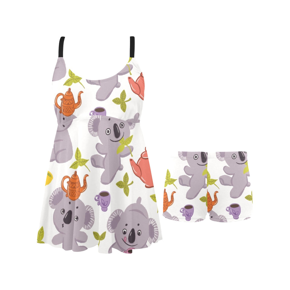 Cute koalas teapots tea Chest Sexy Pleated Two Piece Swim Dress